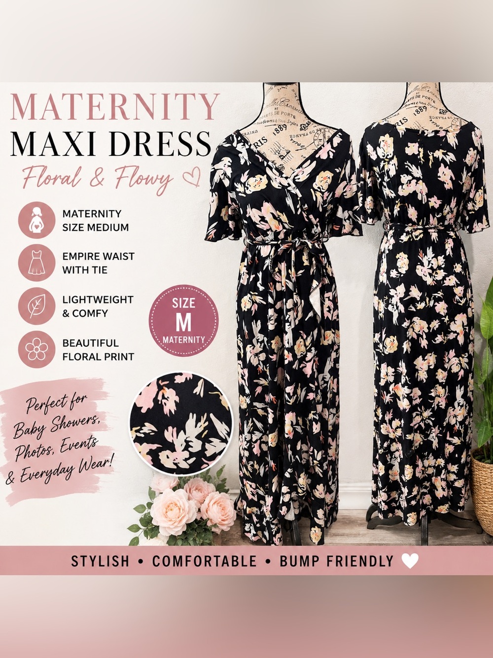 Maternity Floral Maxi Dress Size Medium Boho Empire Waist Flutter Sleeve